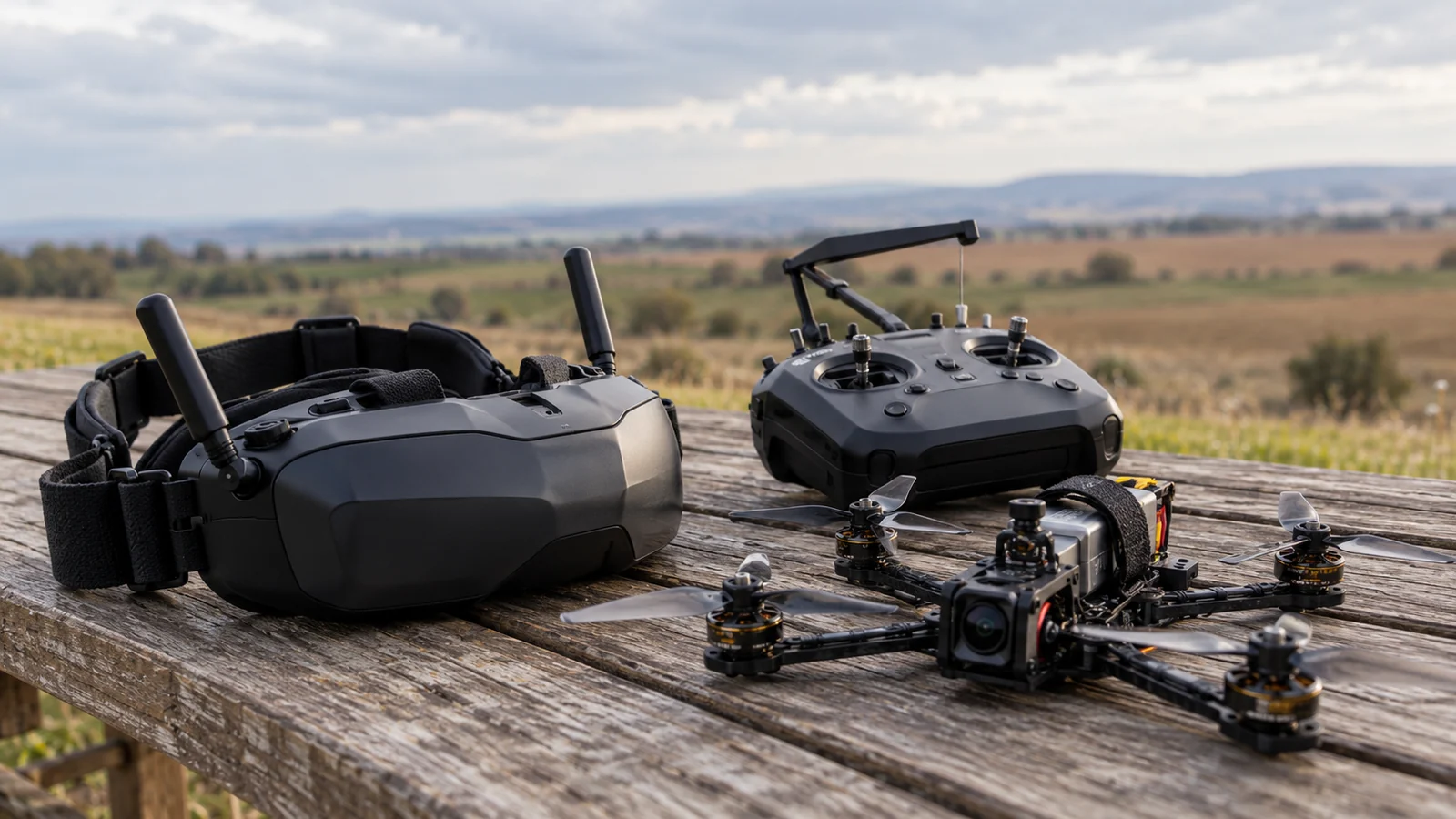 משקפי FPV, שלט קטן ורחפן FPV מונחים על ספסל עץ בקצה שדה