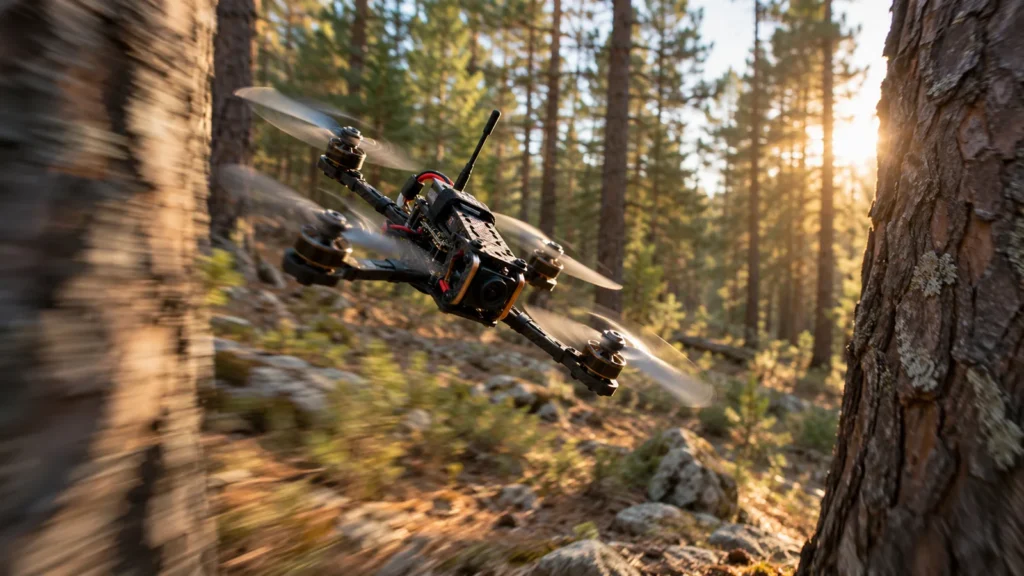 רחפן FPV בעל שלדת סיבי פחמן חולף בהטיה בין שני גזעי עצים ביער אורנים